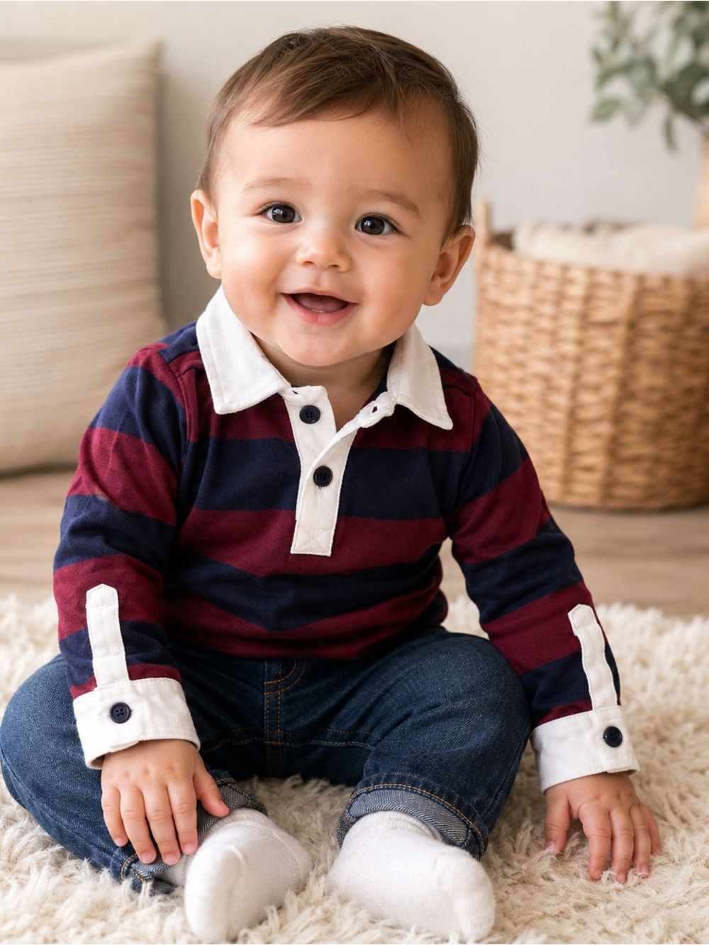 Mud Pie Baby Boy Striped Rugby Polo Long Sleeve Fits 9 Month
